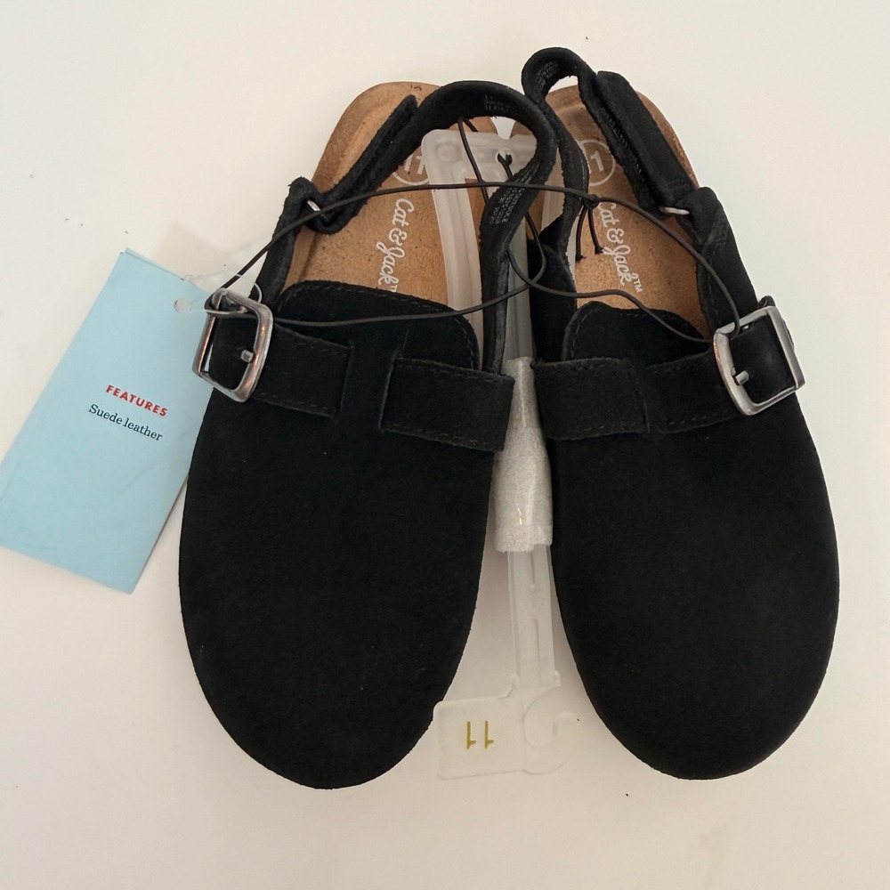 Cat & Jack Kids Black Suede Leather Clogs Buckle Slingback Shoes Size 11